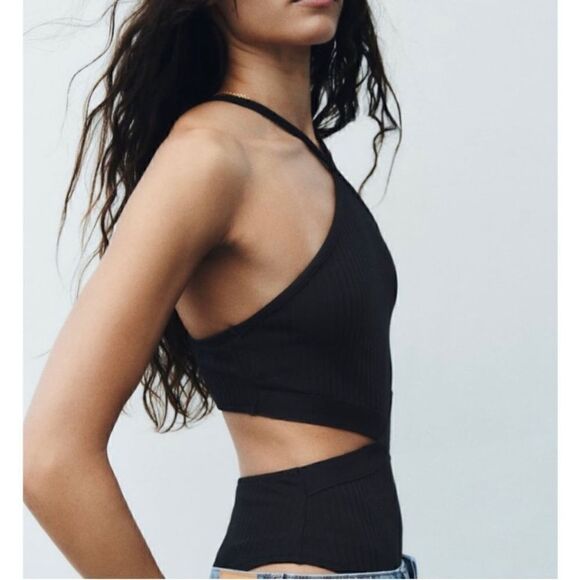 NWT Zara Black Ribbed Cutout Halter Neck Bodysuit, Size Small - Picture 3 of 12